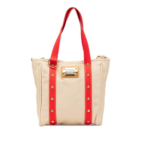 Louis Vuitton Antigua Cabas MM Tote Bag Shoulder M40035 Red Beige Canvas Leat... - Picture 1 of 11